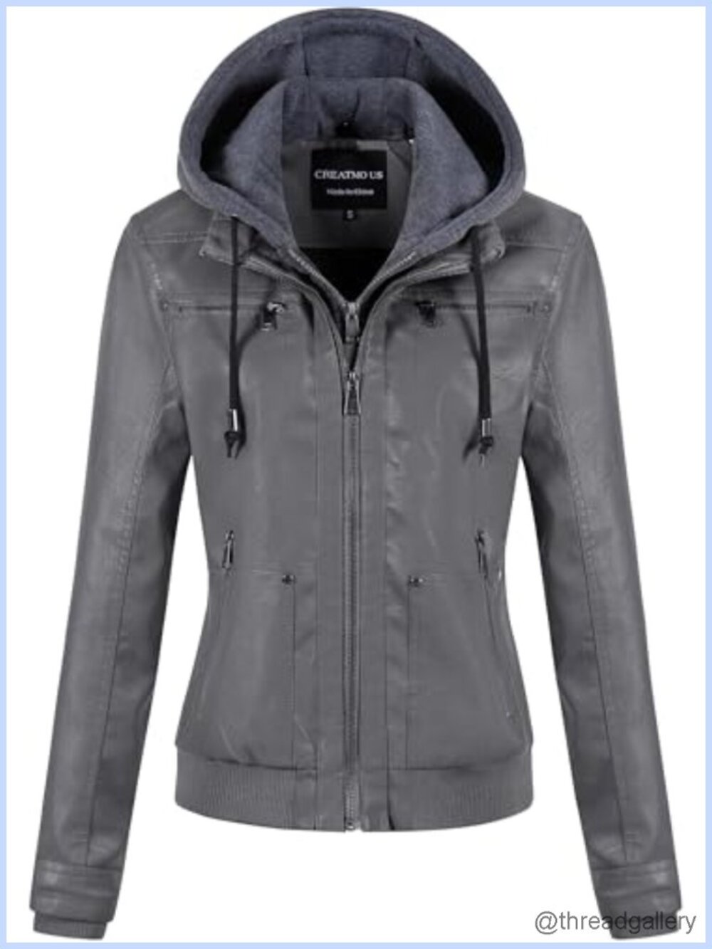 Women's Faux Leather Motorcycle Bomber Jacket with Removable Hood, Waterproof